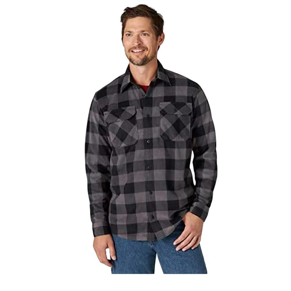 Wrangler Long Sleeve Heavyweight Fleece Shirt, Gray Buffalo Plaid, Men's 3XL